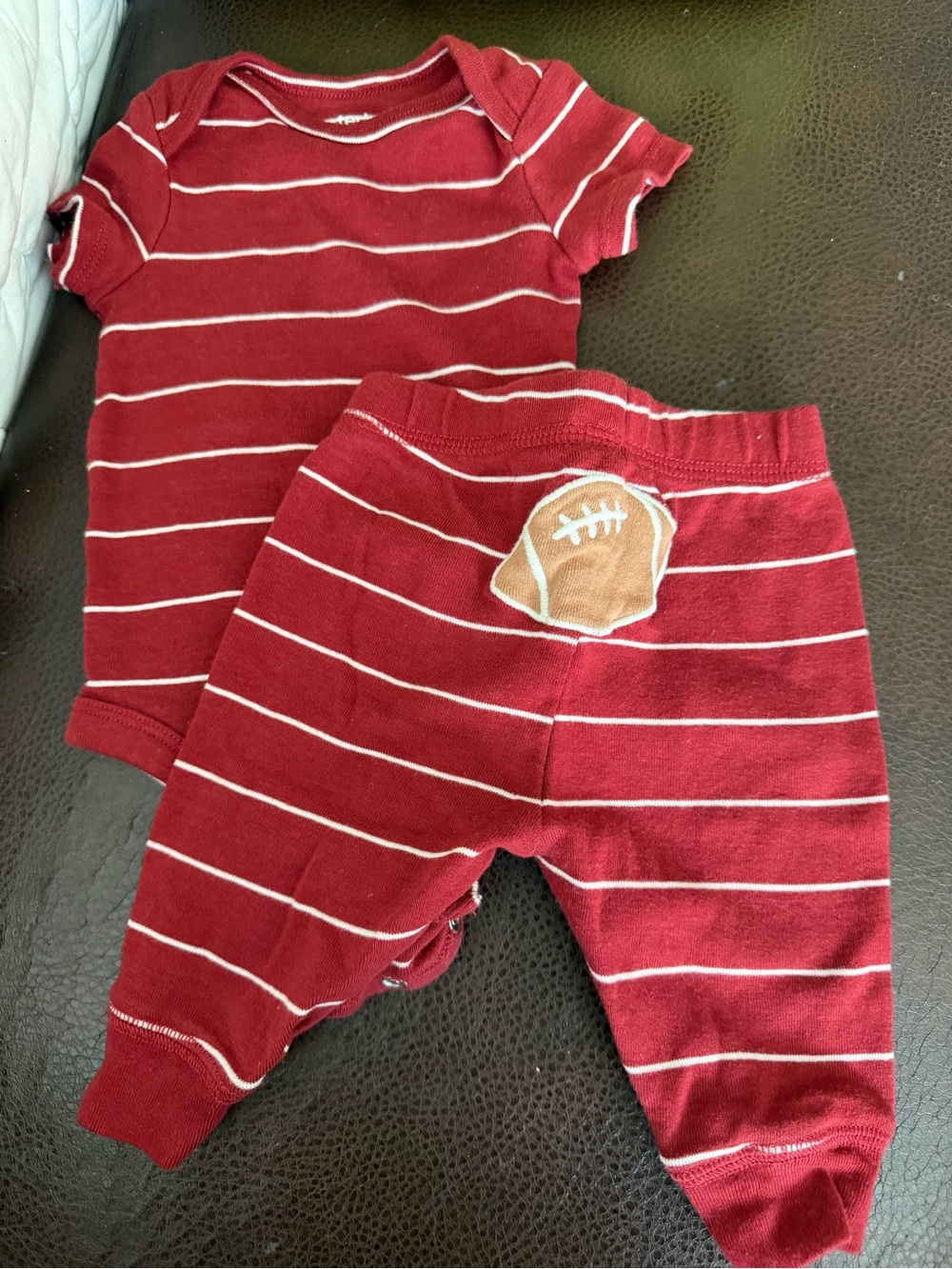 Striped Red Baby Onesie & Pants Set with Football Patch